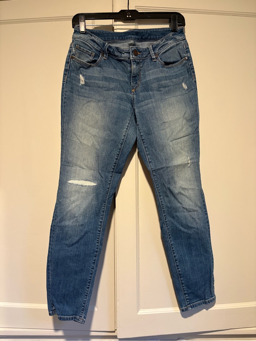 Loft Low Rise Distressed Medium Wash Skinny Jeans